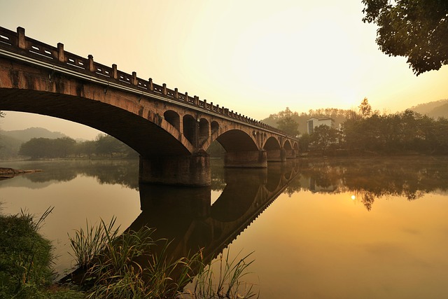 bridge, morning, calm, lake, sunrise, calm morning, the morning sun, nature, river, light, view